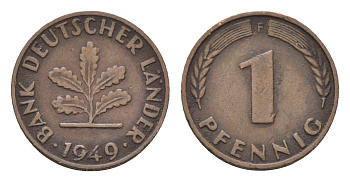 ФРГ 1 пфенниг 1949 F KM A101, J. 376 сталь плакированная бронзой 4618-559