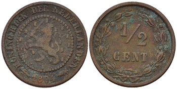 НИДЕРЛАНДЫ 1/2 ЦЕНТА 1894 ВИЛЬГЕЛЬМИНА (1890-1948) KM 109 бронза 39-143