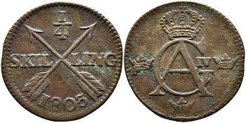 Швеция 1/4 скиллинга 1803 Густав IV Адольф (1792-1809) KM 564 медь 4389-916