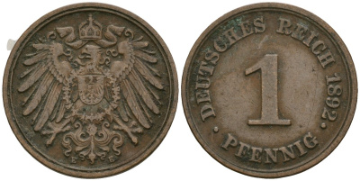 Германия 1 пфенниг 1892 E, Вильгельм II (1888-1918) KM 10, J. 10 медь 4608-157