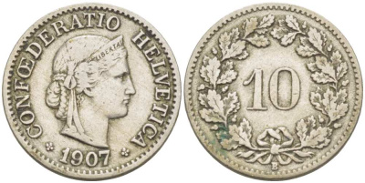 ШВЕЙЦАРИЯ 10 РАППЕНОВ 1907 В KM 27 медно-никель 4513-217
