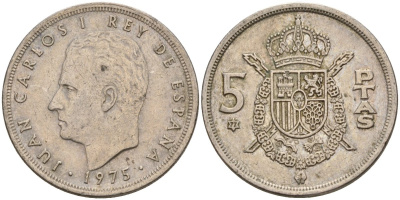Испания 5 песет 1975 (77) Хуан Карлос I (1975 - 2014) KM 807 медно-никель 4155-626