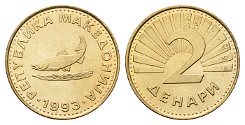 Македония 2 денара 1993 KM 3 латунь UNC 4688-834
