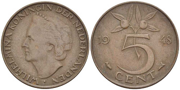 НИДЕРЛАНДЫ 5 ЦЕНТОВ 1948 ВИЛЬГЕЛЬМИНА (1890-1948) KM 176 бронза 212-1023
