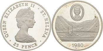 Остров Святой Елены 25 пенсов 1980 80 лет со дня рождения королевы матери, военный корабль KM 8 серебро PROOF 00-000-00