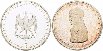 ФРГ 5 МАРОК 1977 G, 200 ЛЕТ СО ДНЯ РОЖДЕНИЯ ГЕНРИХА фон КЛЕЙСТА KM 146, J. 421 серебро PROOF 1087-2-71