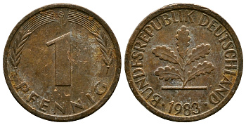 ФРГ 1 ПФЕННИГ 1983 G KM 105, J.380 сталь плакированная медью 179-1017