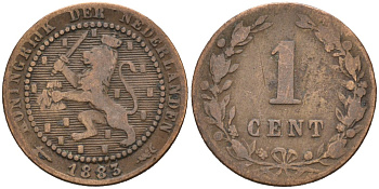 Нидерланды 1 цент 1883 Виллем III (1849-1890) KM 107 бронза 4576-569
