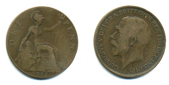 Великобритания 1 пенни 1912 Георг V (1910-1936) KM 810, Spink 4051 бронза 47-1222
