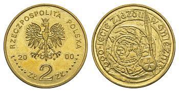 Польша 2 злотых 2000 MW, 1000 лет конвенции в Гнезно KM 377 нордик  UNC  413-5721