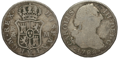 Испания 2 реала 1788 M M, мондвор (Мадрид), Карлос III (1759-1788) KM 412.2 (C38.2) серебро 650-931