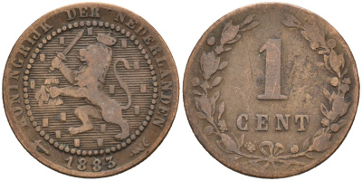 Нидерланды 1 цент 1883 Виллем III (1849-1890) KM 107 бронза 4576-569