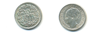 Нидерланды 10 центов 1941 Вильгельмина I (1890-1948) КМ 163 серебро 84-938
