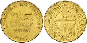 ФИЛИППИНЫ 25 СЕНТИМО 1995 KM 271 латунь 4544-536