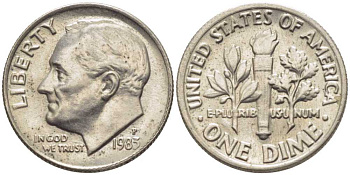 США 10 ЦЕНТОВ = 1 ДАЙМ 1983 Р, РУЗВЕЛЬТ KM 195а медь плакированная медно-никелем 116-627