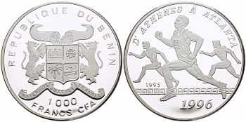 Бенин 1000 франков 1995 XXVI Олимпийские игры 1996 в Аталанте, бег KM 12 серебро PROOF 01-161-43