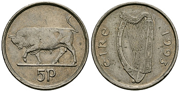 Ирландия 5 пенсов 1993 бык KM 28 медно-никель 4136-922