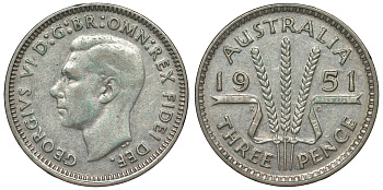 Австралия 3 пенса 1951 m, Георг VI (1937-1952), без букв KM 44 серебро 71-355