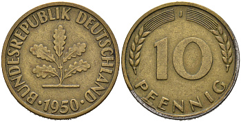 ФРГ 10 ПФЕННИГОВ 1950 J KM 108, J.383 сталь плакированная латунью 75-617