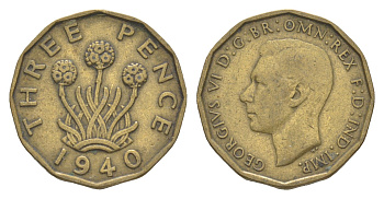 Великобритания 3 пенса 1940 Георг VI (1936-1952) KM 849, Spink 4112 никель латунь 4571-454