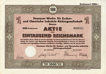 Германия 1000 рейхсмарок 1942 АО заводов Дессау для сахарной и химической промышленности, акция   бумага   8802-46-1