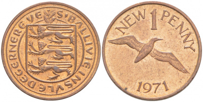 Гернси 1 пенни 1971 Елизавета II (1952-2022), северная олуша в полете KM 21 бронза UNC 214-863