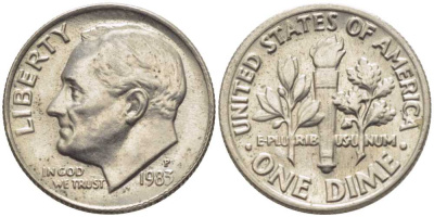 США 10 ЦЕНТОВ = 1 ДАЙМ 1983 Р, РУЗВЕЛЬТ KM 195а медь плакированная медно-никелем 116-627