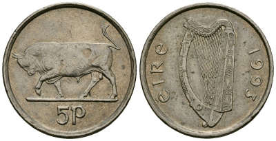 Ирландия 5 пенсов 1993 бык KM 28 медно-никель 4136-922