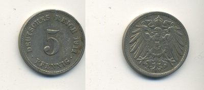 Германия 5 пфеннигов 1911 A KM 11, J. 12, Weege 6 медно-никель 23-847