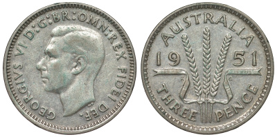 Австралия 3 пенса 1951 m, Георг VI (1937-1952), без букв KM 44 серебро 71-355