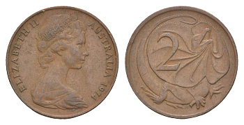 Австралия 2 цента 1974 Елизавета II (1952-2022), плащеносная ящерица KM 63 бронза 4655-1238