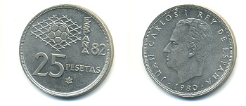 Испания 25 песет 1980 (82) чемпионат мира по футболу KM 818 медно-никель 89-1441