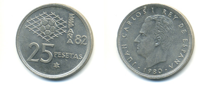 Испания 25 песет 1980 (82) чемпионат мира по футболу KM 818 медно-никель 89-1441