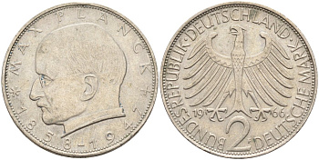 ФРГ 2 марки 1966 F , Макс Планк KM 116, J. 392 медно-никель плакированный никелем 4139-145
