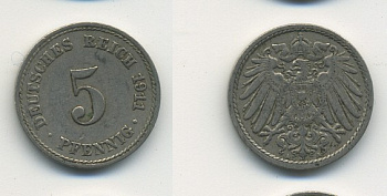 Германия 5 пфеннигов 1911 A KM 11, J. 12, Weege 6 медно-никель 23-1424