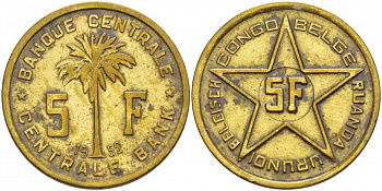 Бельгийское Конго 5 франков 1952 Руанда-Бурунди KM 1 латунь 4545-243