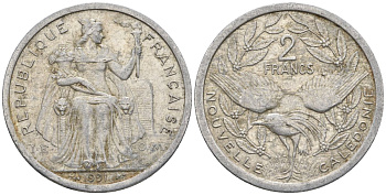 Французская Новая Каледония 2 франка 1991 птица кагу, (IEOM) KM 14, Schoen 11, Lec 67 алюминий    27-1223