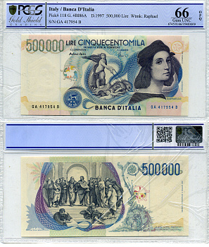 Италия 500000 лир 1987 Рафаэль, Афинская школа, в слабе PCGS 66 Gem UNC Pick 118 бумага UNC (пресс) 452-1-110
