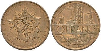 Франция 10 франков 1976 тип Матье KM 940, Le Franc 365.7-8 никель латунь 4599-1023