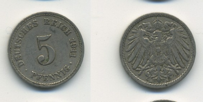 Германия 5 пфеннигов 1911 A KM 11, J. 12, Weege 6 медно-никель 23-1424