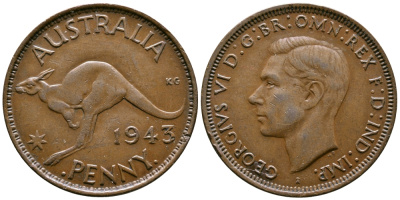 Австралия 1 пенни 1943 b, Георг VI (1936-1952), кенгуру, с буквой I KM 36 бронза 4557-1144