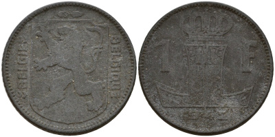 Бельгия 1 франк 1942 Belgique - Belgie, Леопольд III (1934-1947), германская оккупация, Вторая мировая война KM 127 цинк 4161-431