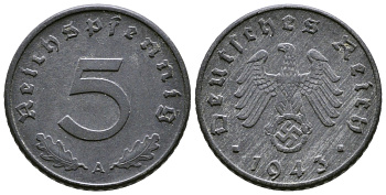 ГЕРМАНИЯ 5 РЕЙХСПФЕННИГОВ 1943 A, KM 100, J. 370 цинк 80-828