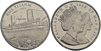 Остров Мэн 1 крона 2012 100 лет со дня гибели Титаника, посадка пассажиров на корабль KM 1482 медно-никель UNC M94-04