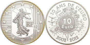 Франция 10 евро 2012 10 лет введения наличного евро KM 1889 серебро PROOF 01-151-25