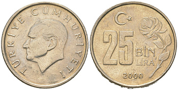 Турция 25000 лир 2000 Мустафа Кемаль Ататюрк KM 1041 медь цинк никель 4582-336