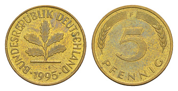 Германия 5 пфеннигов 1995 F KM 107, J. 382 сталь плакированная латунью UNC 4630-1255