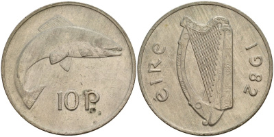 Ирландия 10 пенсов 1982 лосось KM 23 медно-никель 4140-333