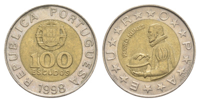 Португалия 100 эскудо 1998 Педру Нуниш (1502-1578), математик KM 645 биметалл 4391-411