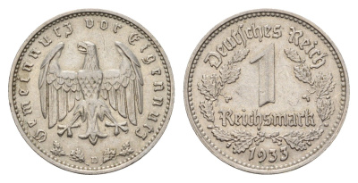 Германия 1 рейхсмарка 1933 D KM 78, J. 354 никель 633-521